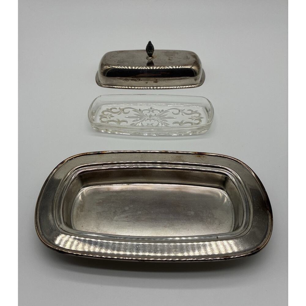 WMA Rogers Silver Plated Butter Dish With Glass Tray Paul Revere Reproduction